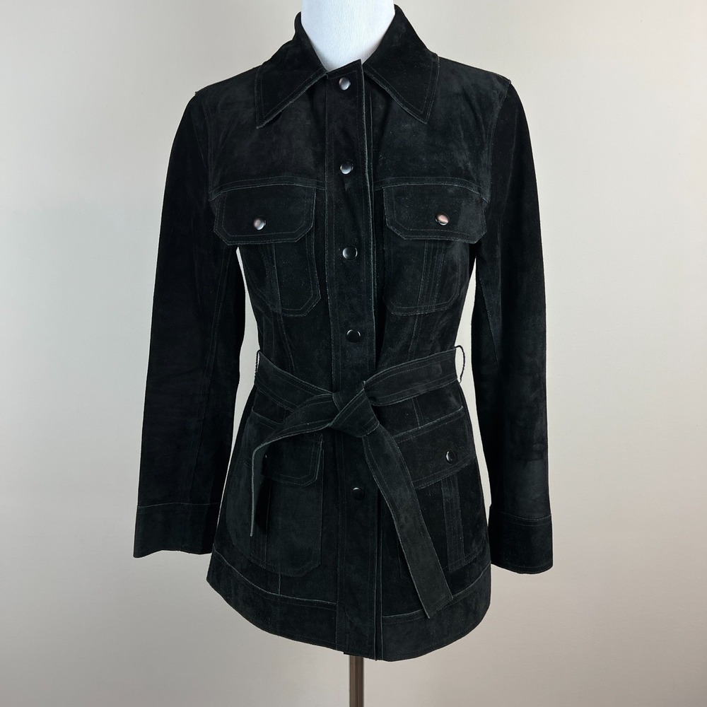 Express Suede Leather Jacket Womens XS Black Safari Field Utility Belted Vintage